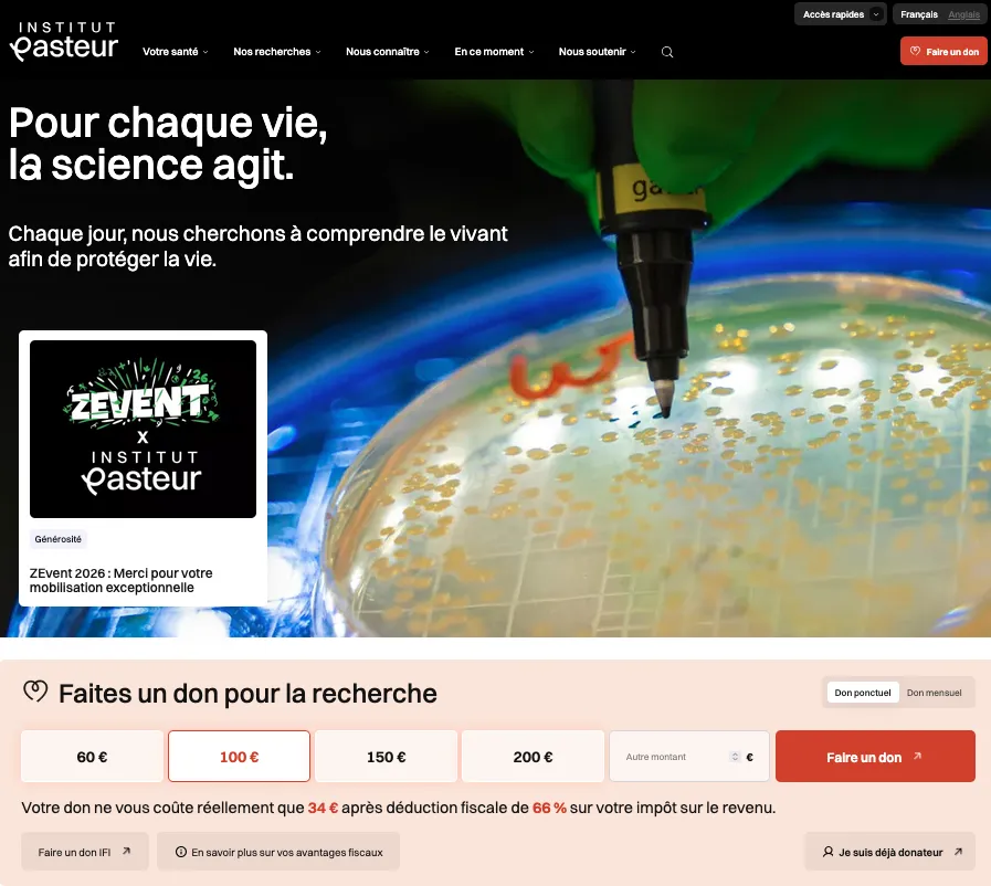 homepage pasteur.fr Pour chaque vie, la science agit