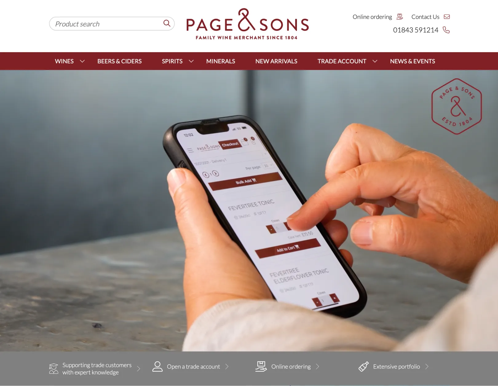 a website homepage with an image of Human hand making an order on a mobile 