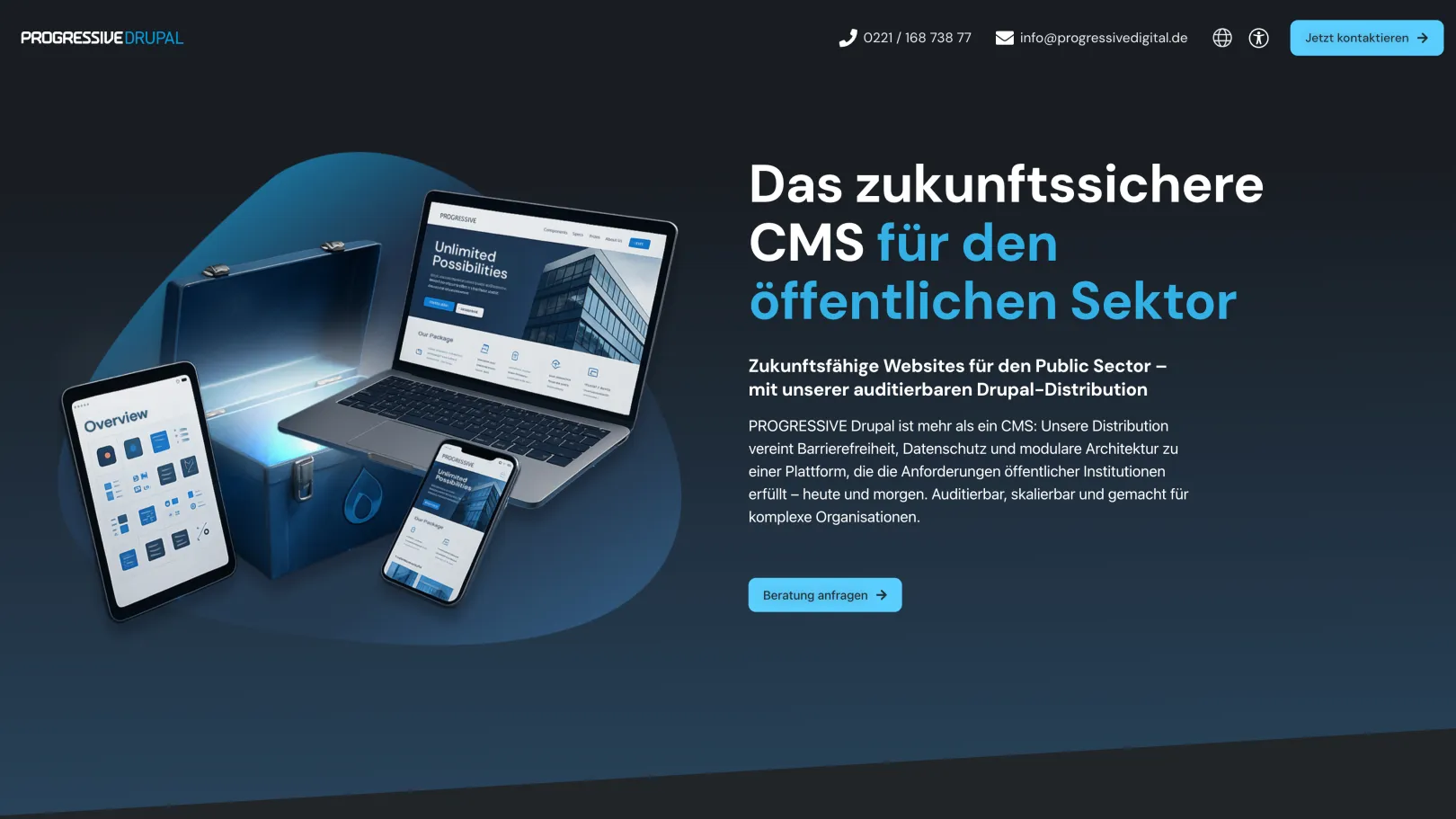 Screenshot of the PROGRESSIVE Drupal Distribution homepage on progressivedrupal.de, showing the hero section with the tagline Das zukunftssichere CMS fuer den oeffentlichen Sektor and key feature highlights for accessibility, data protection, and editorial governance.