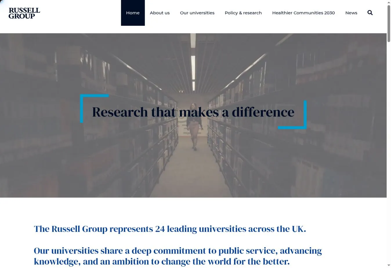 Russell Group homepage with the headline “Research that makes a difference”, a library scene and navigation to universities, policy and news