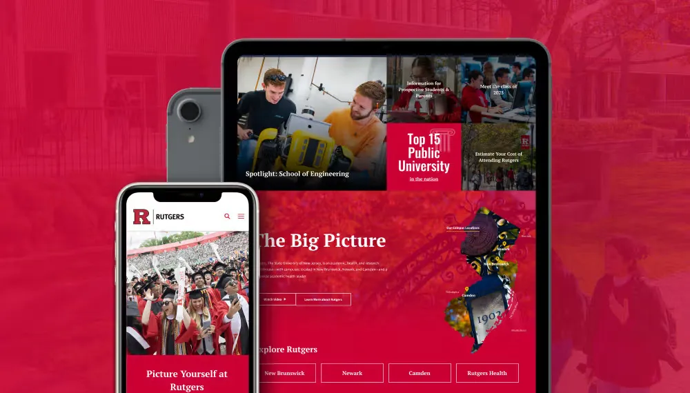 Rutgers Primary Screenshot showcasing the mobile and tablet view of the new Rutgers homepage