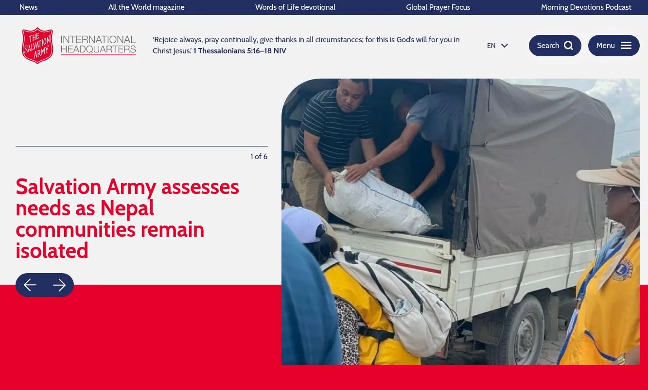 Salvation Army International Headquarters homepage, with the organisation’s branding and a featured international news story