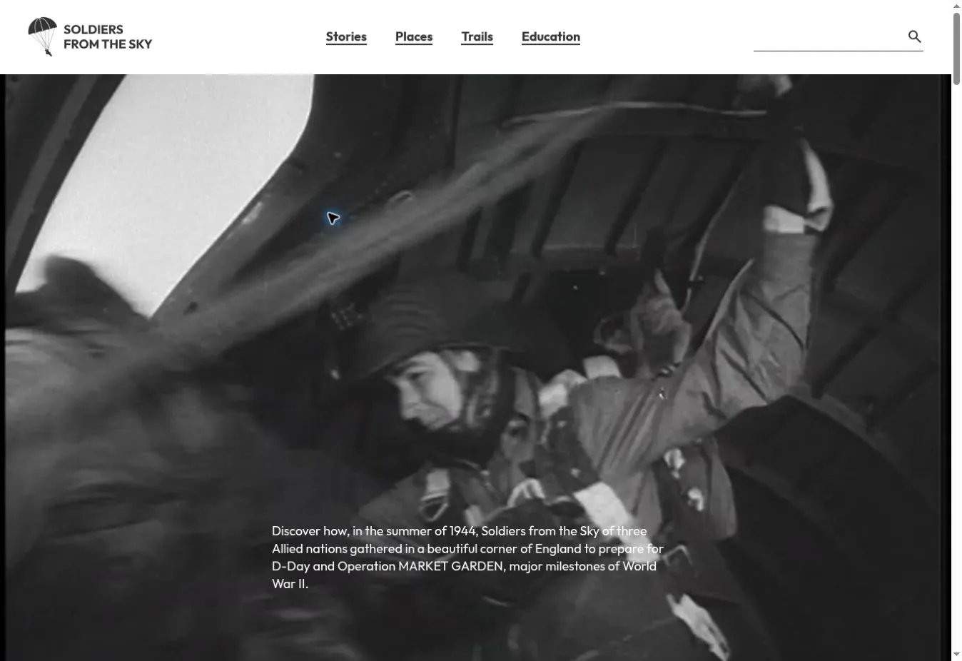 Soldiers from the Sky homepage with its parachute logo, main navigation and black-and-white airborne footage