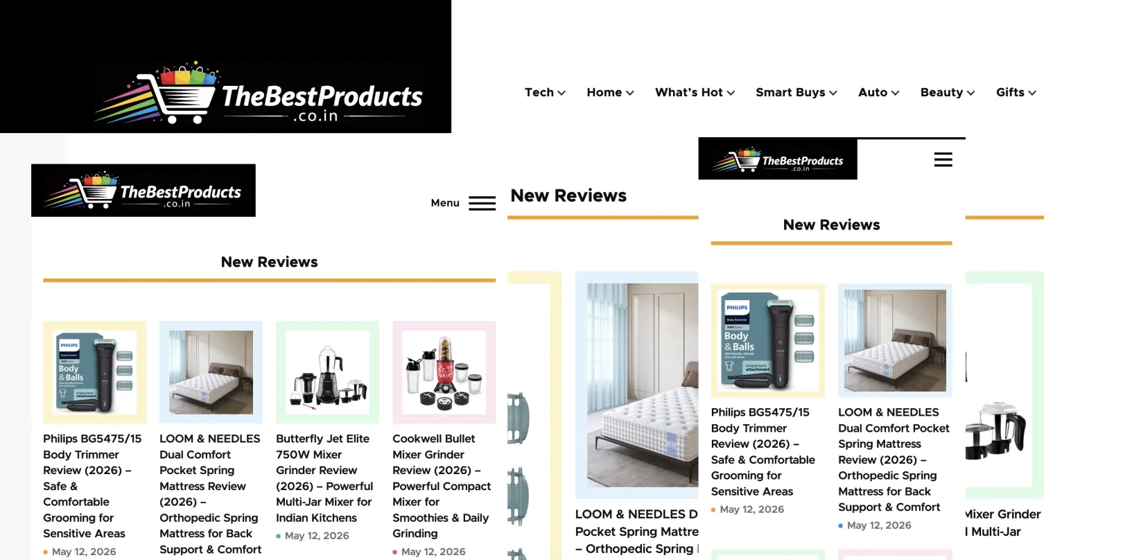 Homepage of TheBestProducts.co.in showing product reviews and buying guides powered by a Drupal 11 static publishing architecture.