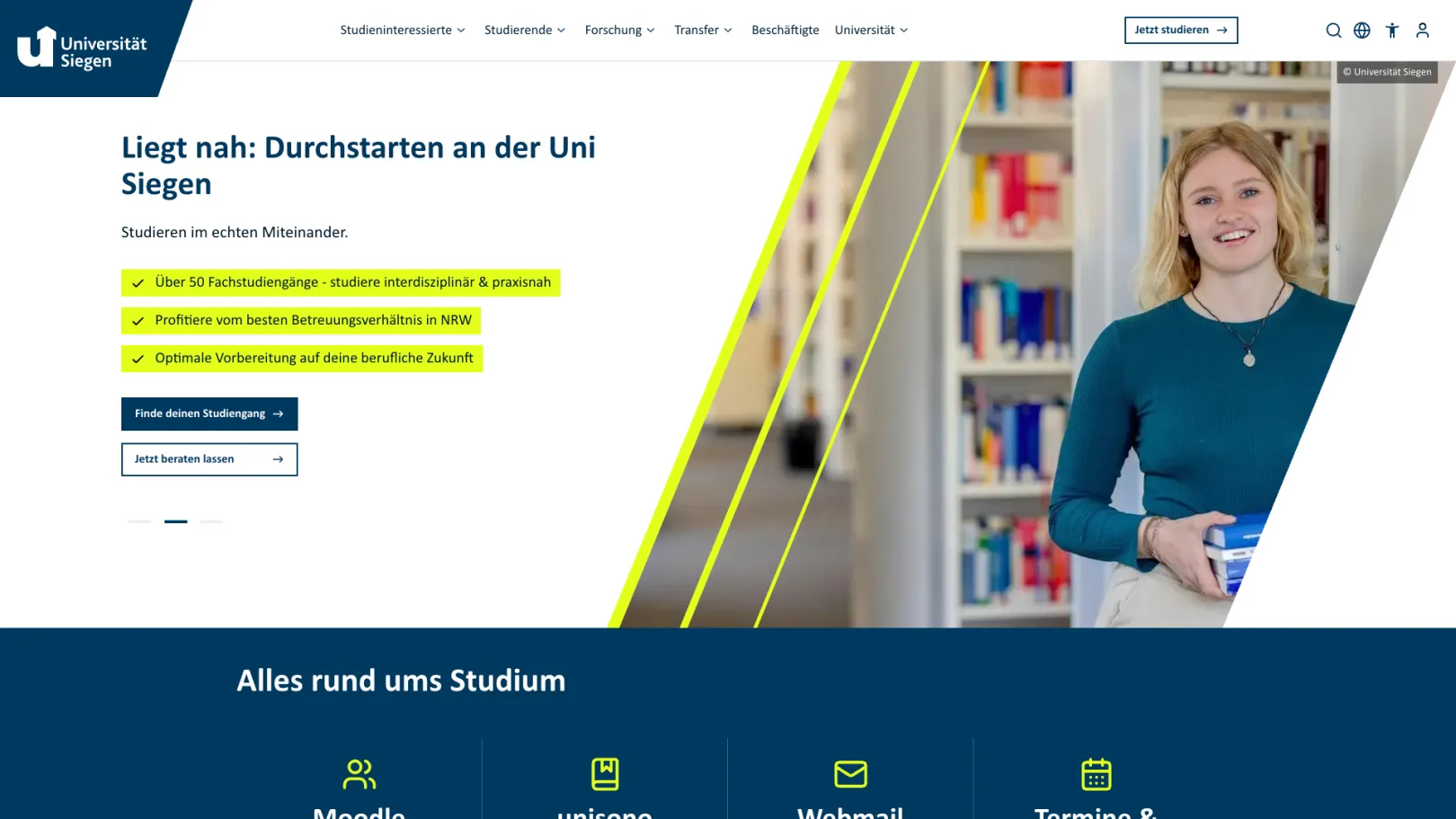 Screenshot of the University of Siegen Relaunch