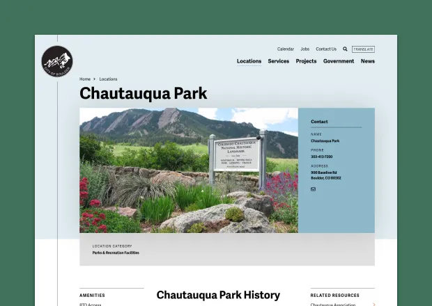 Screenshot of parks section of website