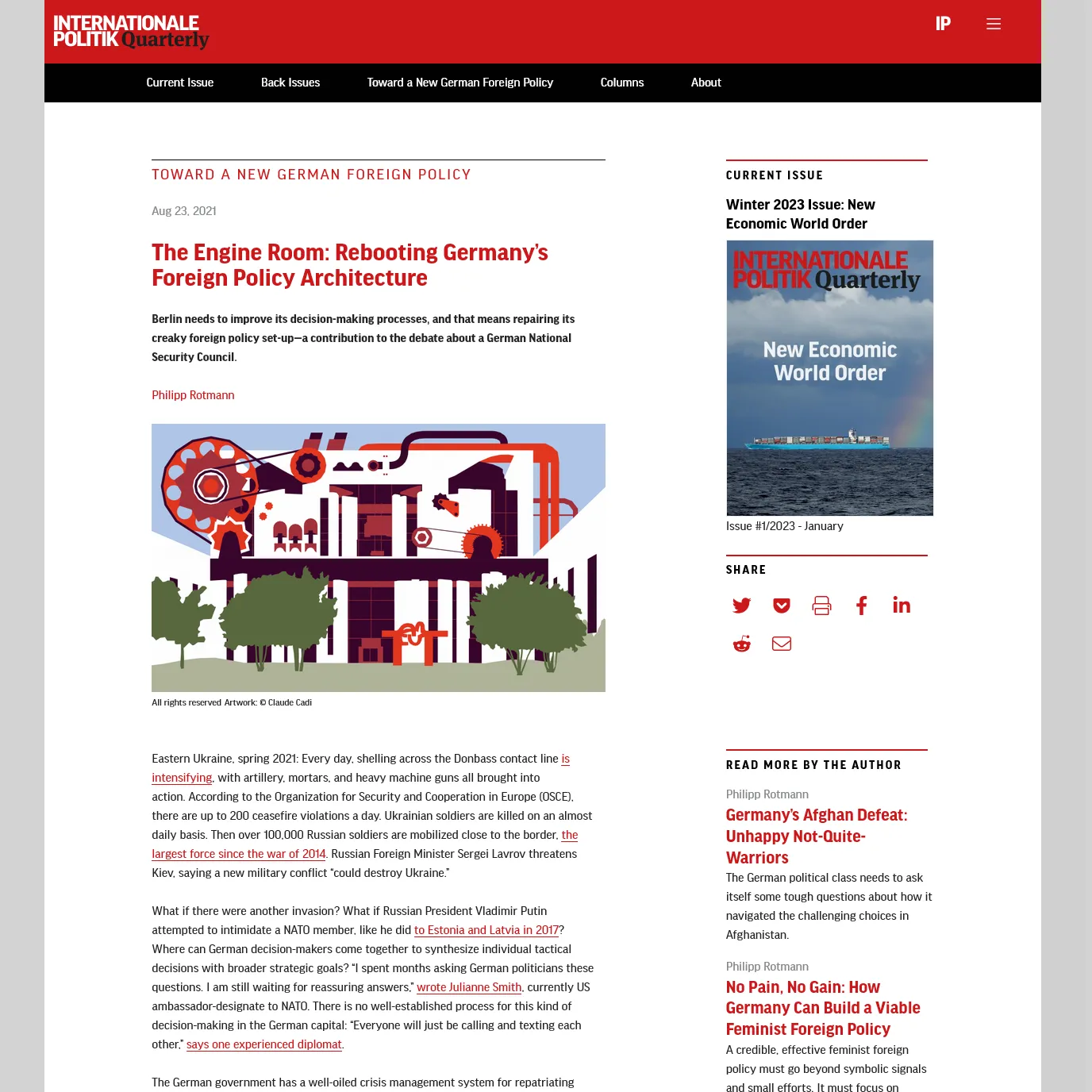Screenshot of an article page, current issue teaser, share links, article teasers more by the author