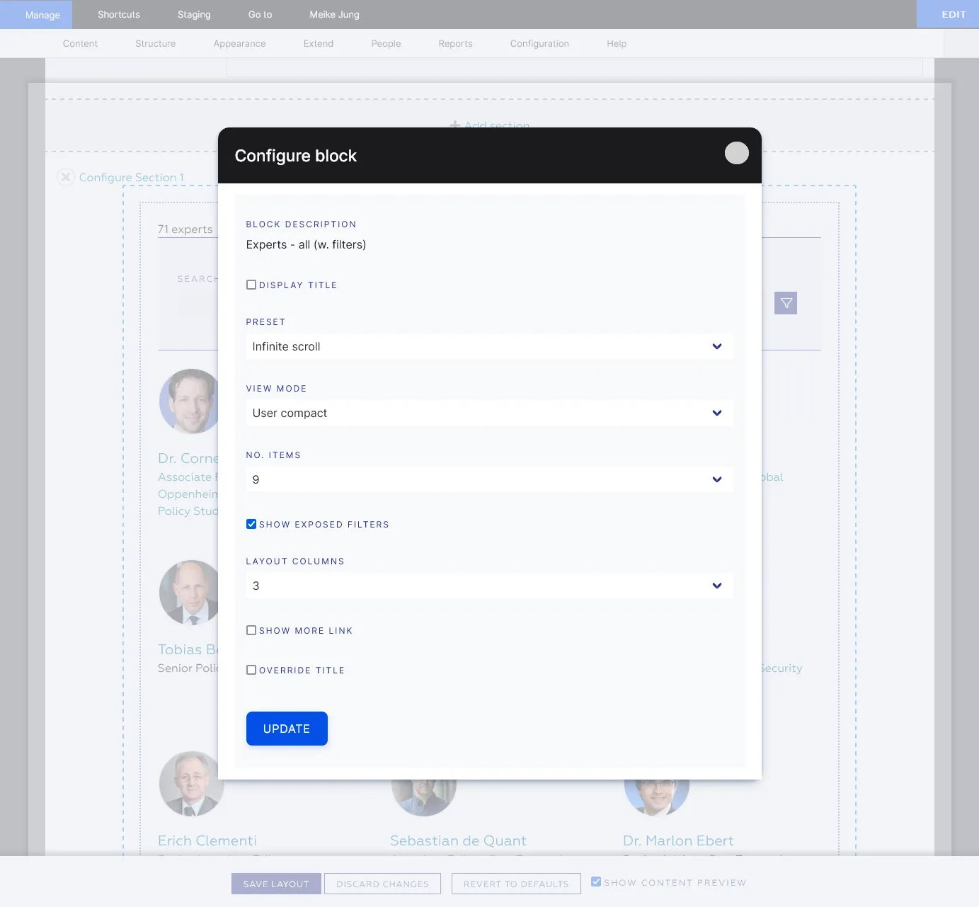 Modal layer with many modification options for a Views block