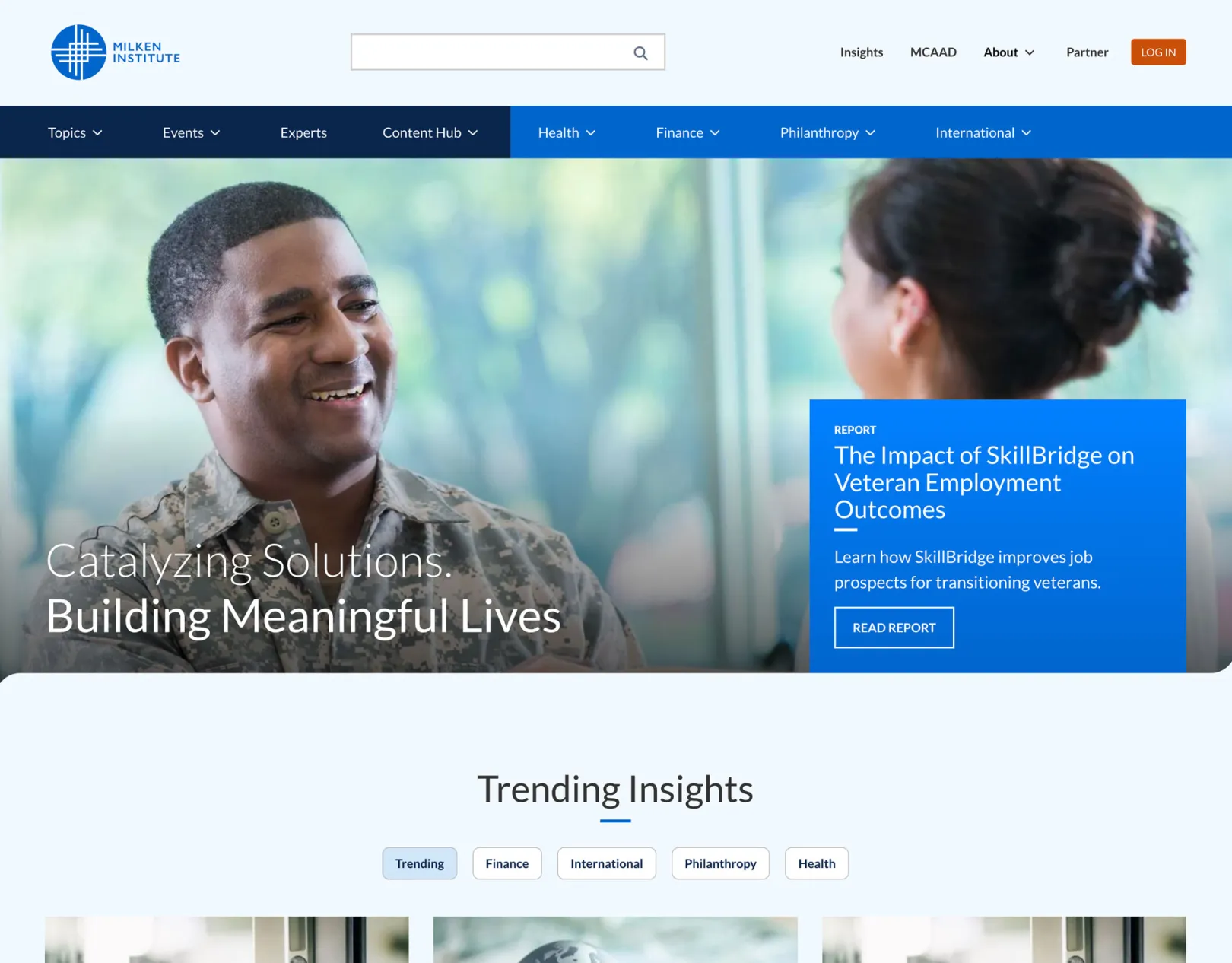 Homepage with a bifurcated navigation, large cityscape image behind "Catalyzing Solutions, Building Meaningful Lives."