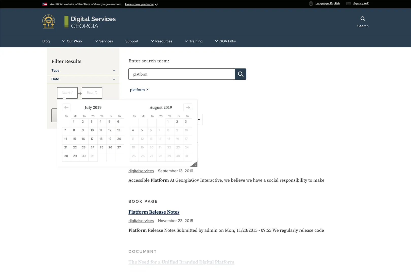 A search results page showing the accessible date filter on the Digital Services Georgia Drupal 8 site.