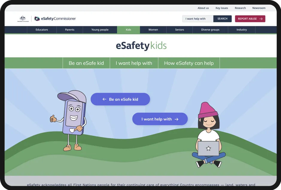 Screenshot of area of the esafety website with content and design specifically tailored to kids. Design features minimal words and cartoon-style images.