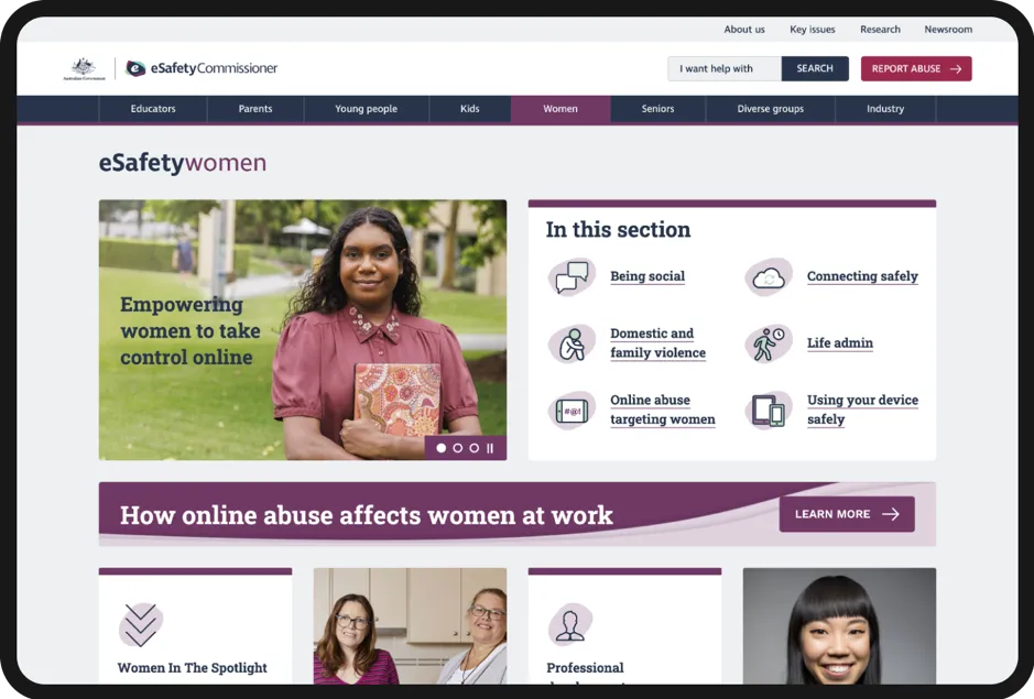 Screenshot of area of the esafety website with content and design specifically tailored to women. The design features photos of different women.