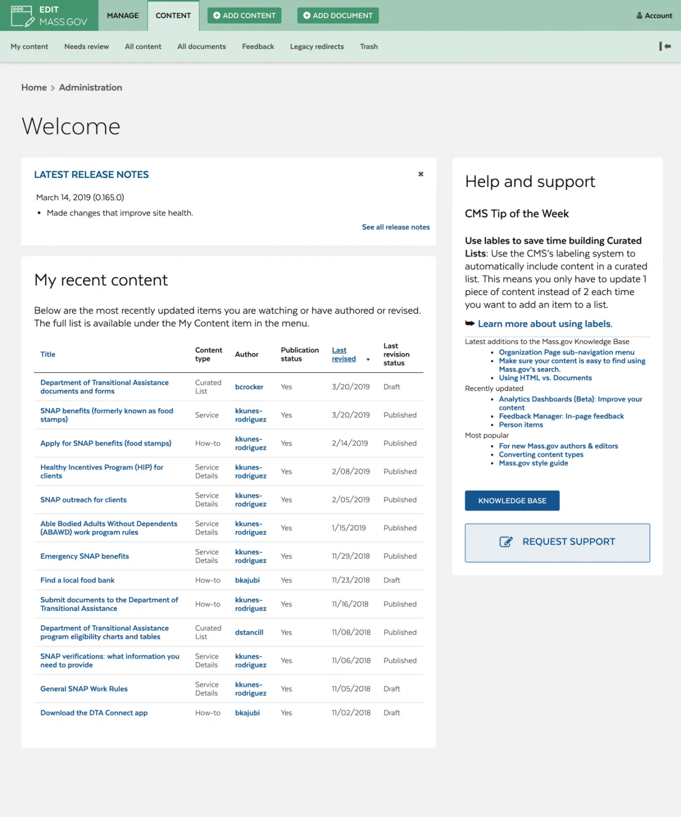 The final “home page” of the Admin theme for Mass.gov.