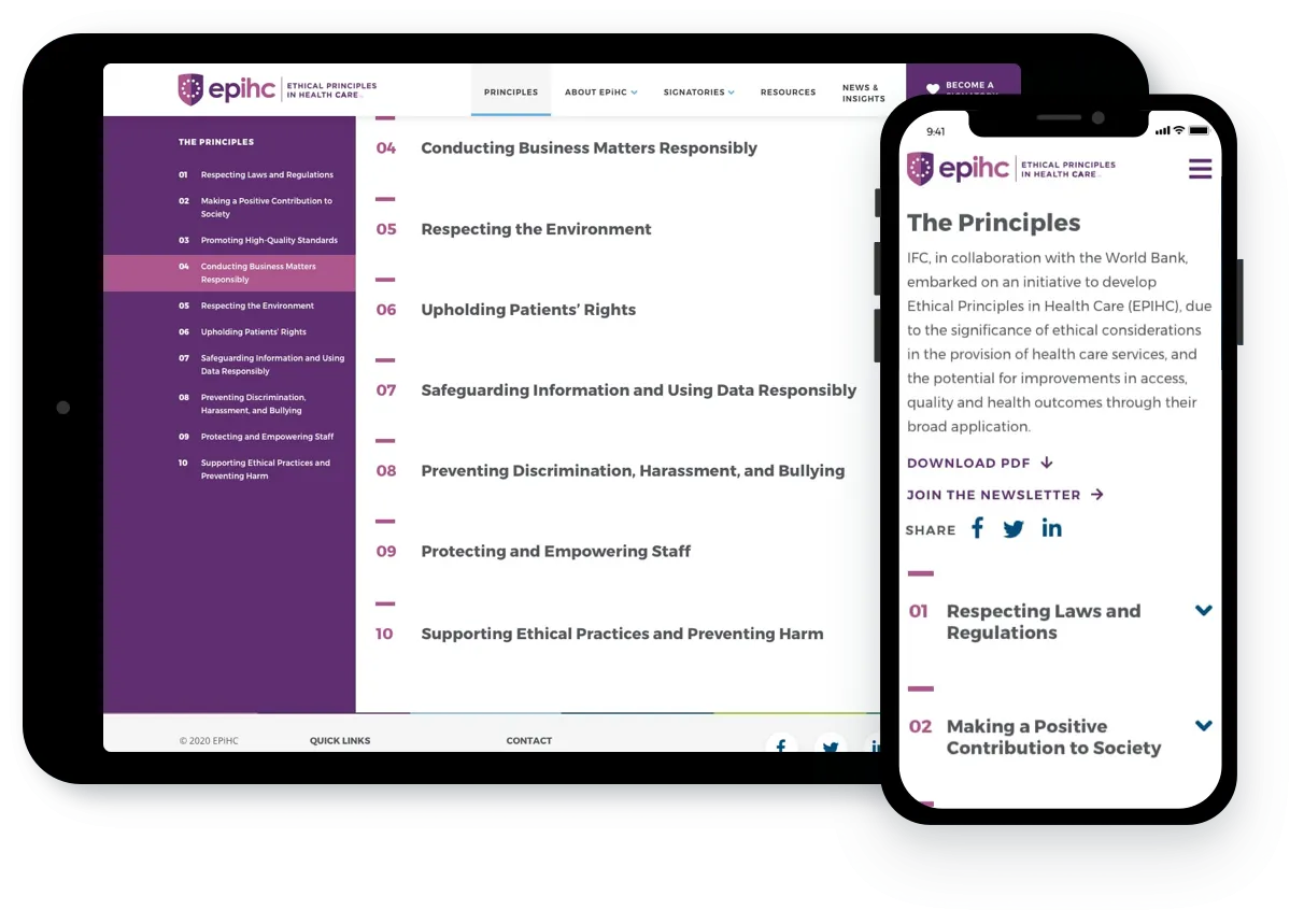 EPiHC Principles Page (two views)