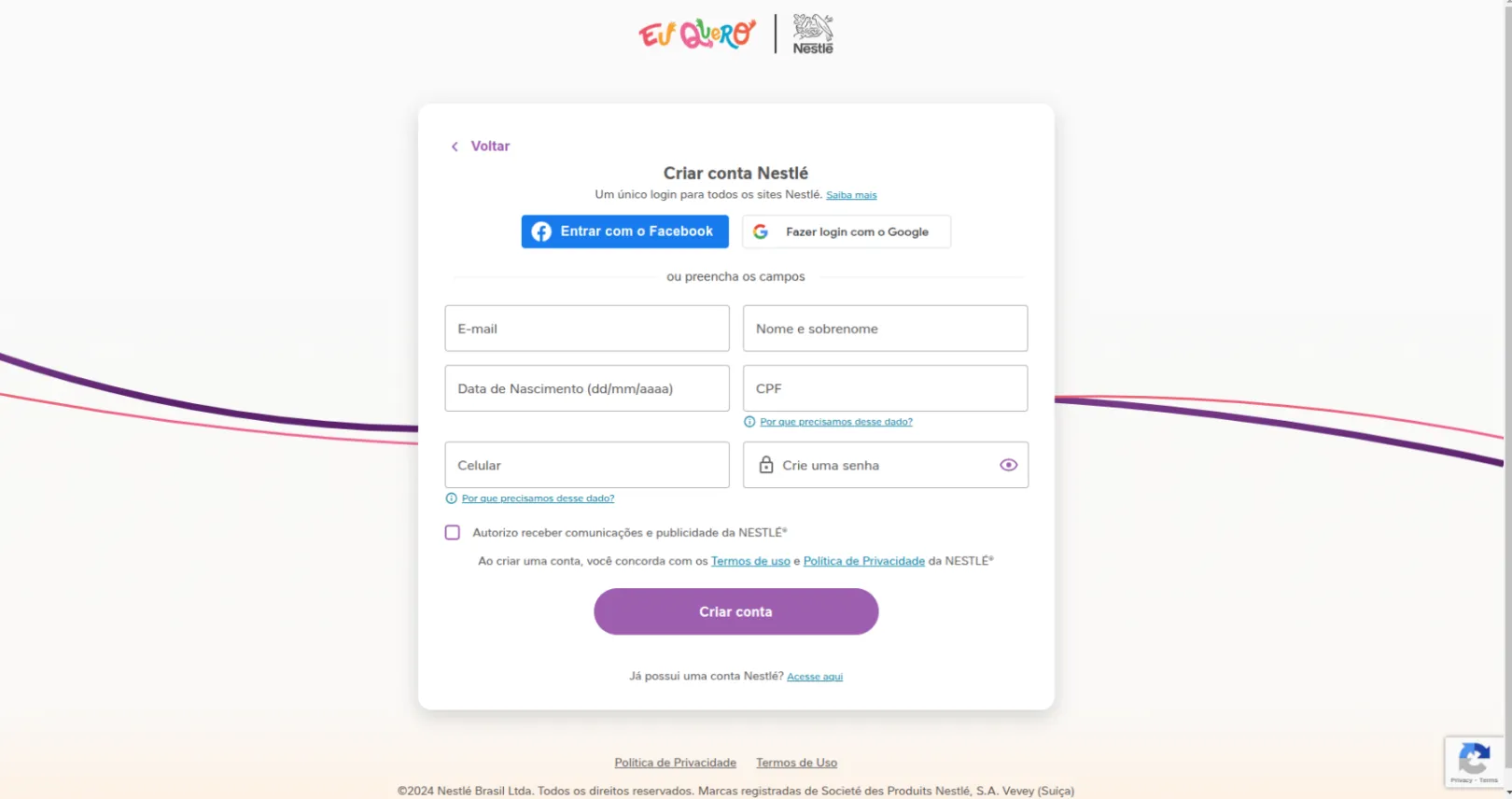 Eu Quero Nestlé - Login / Register Page
