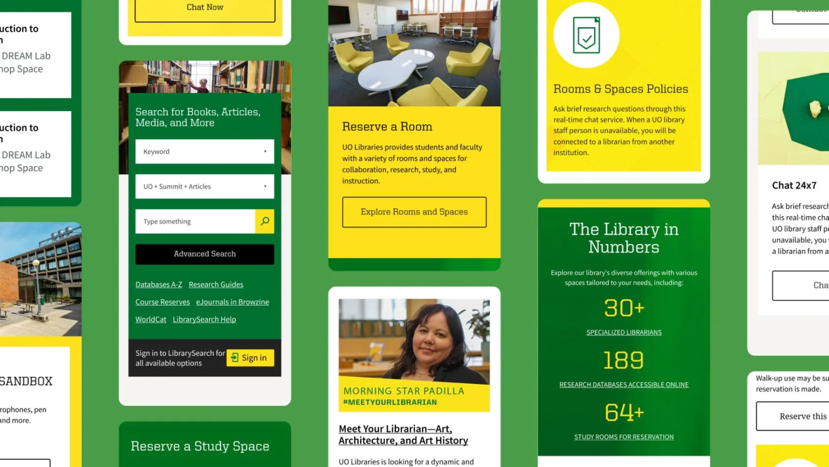 A collection of mobile website views for University of Oregon Libraries, in brand shades of green and yellow