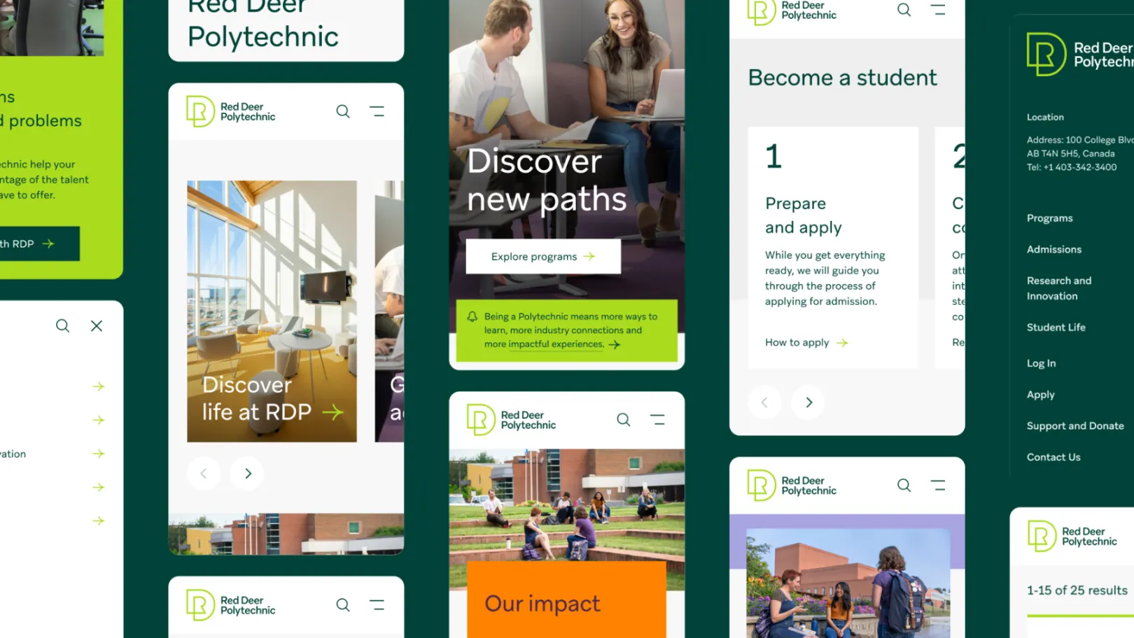 A collection of mobile website views for Red Deer Polytechnic, in brand shades of green and orange