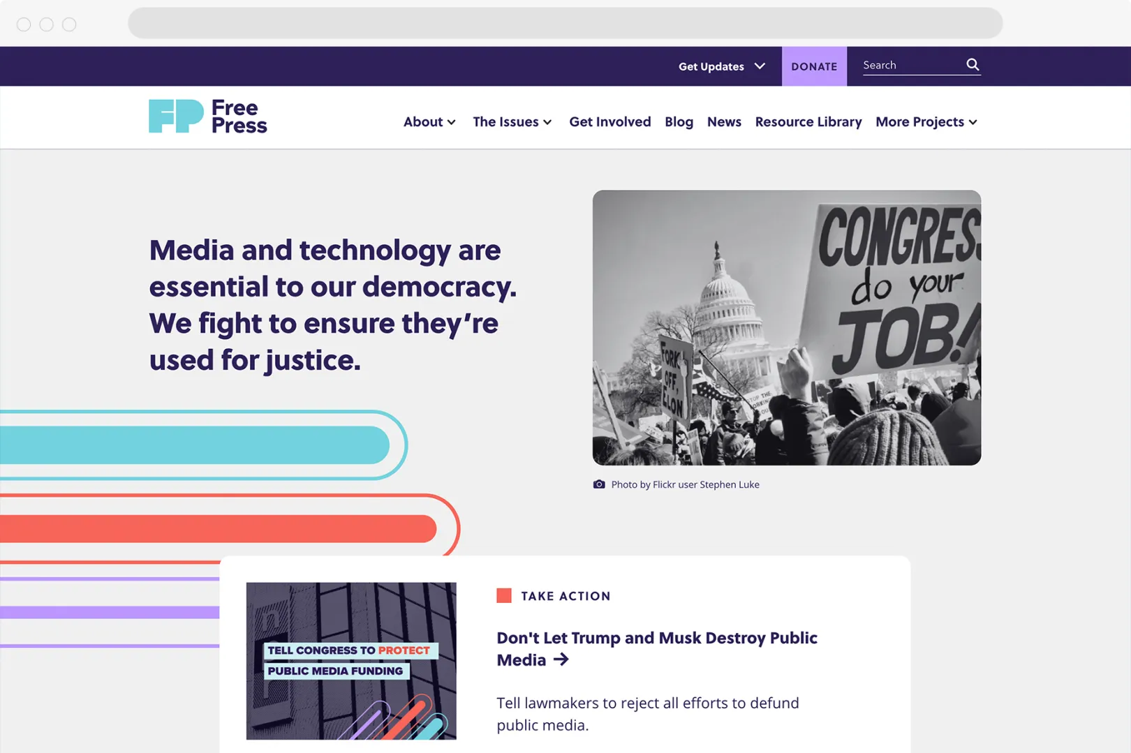 Free Press's homepage which features the tagline, "Media and technology are essential to our democracy. We fight to ensure they’re used for justice."