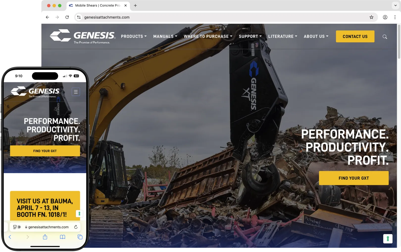 Genesis Attachments website screenshot showing desktop and mobile view