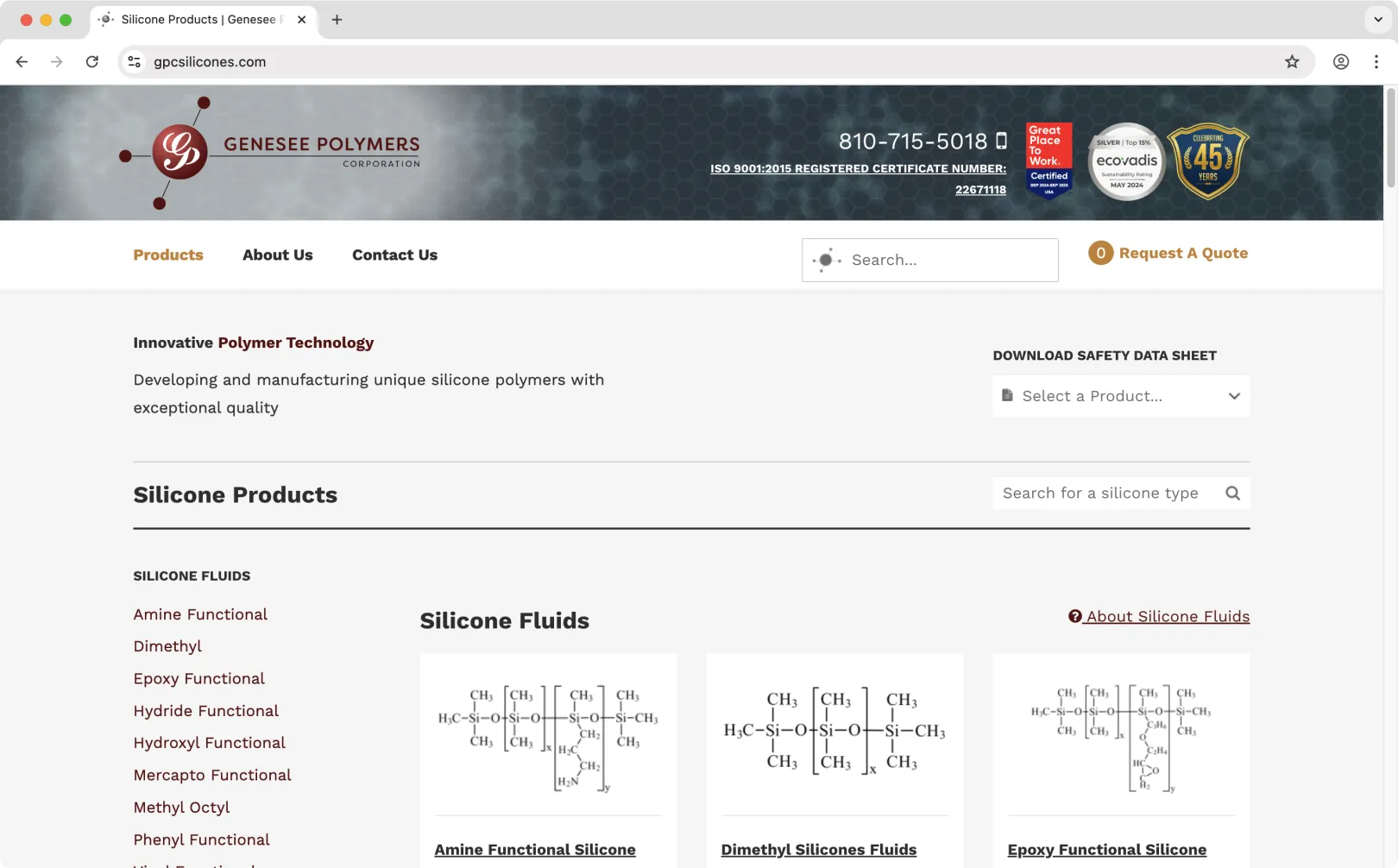 Genesee Polymers Corporation website screenshot: Home page