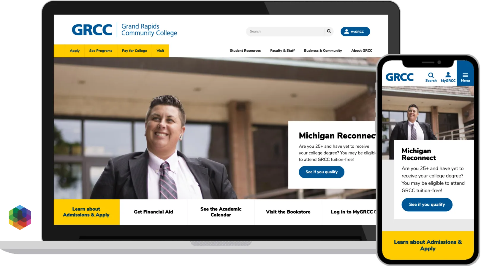 The GRCC homepage in a desktop frame, accompanied by a mobile view