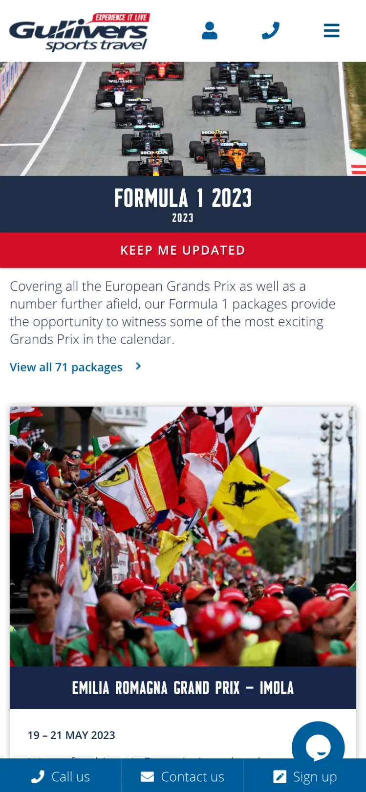 Mobile view of Gullivers F1 event webpage screenshot