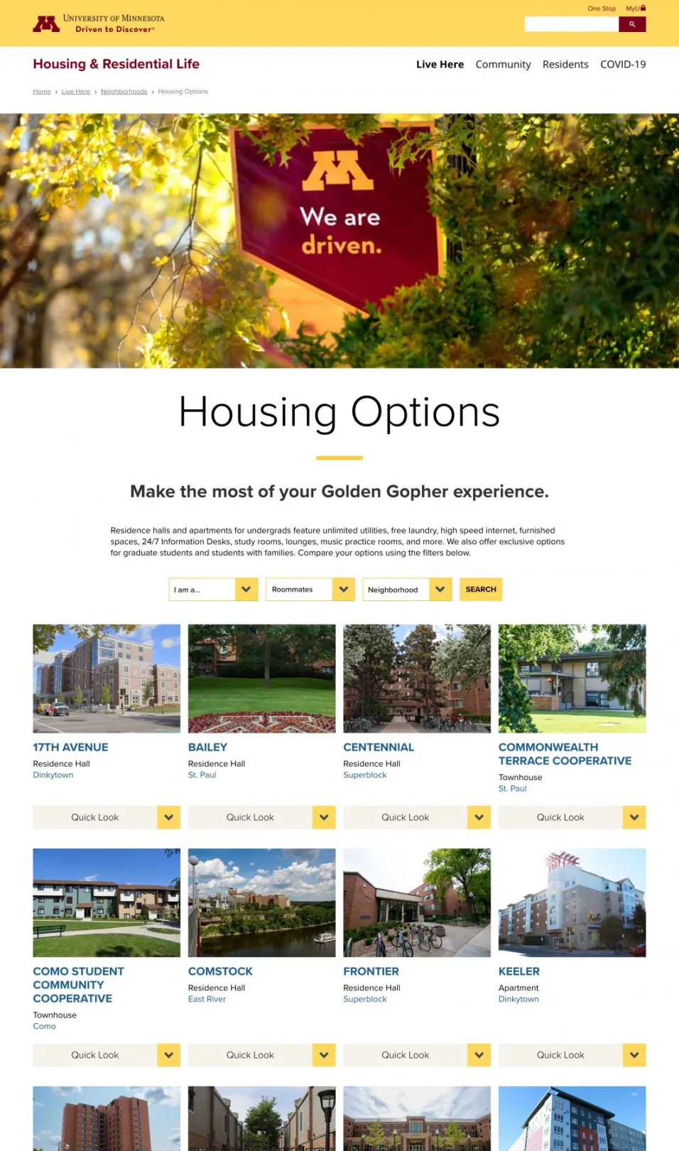 screenshot of Housing Selector page on desktop screen