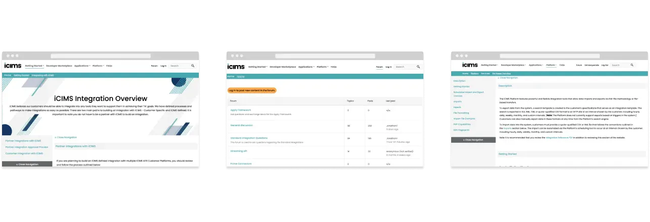 Screenshots of iCIMS developer portal