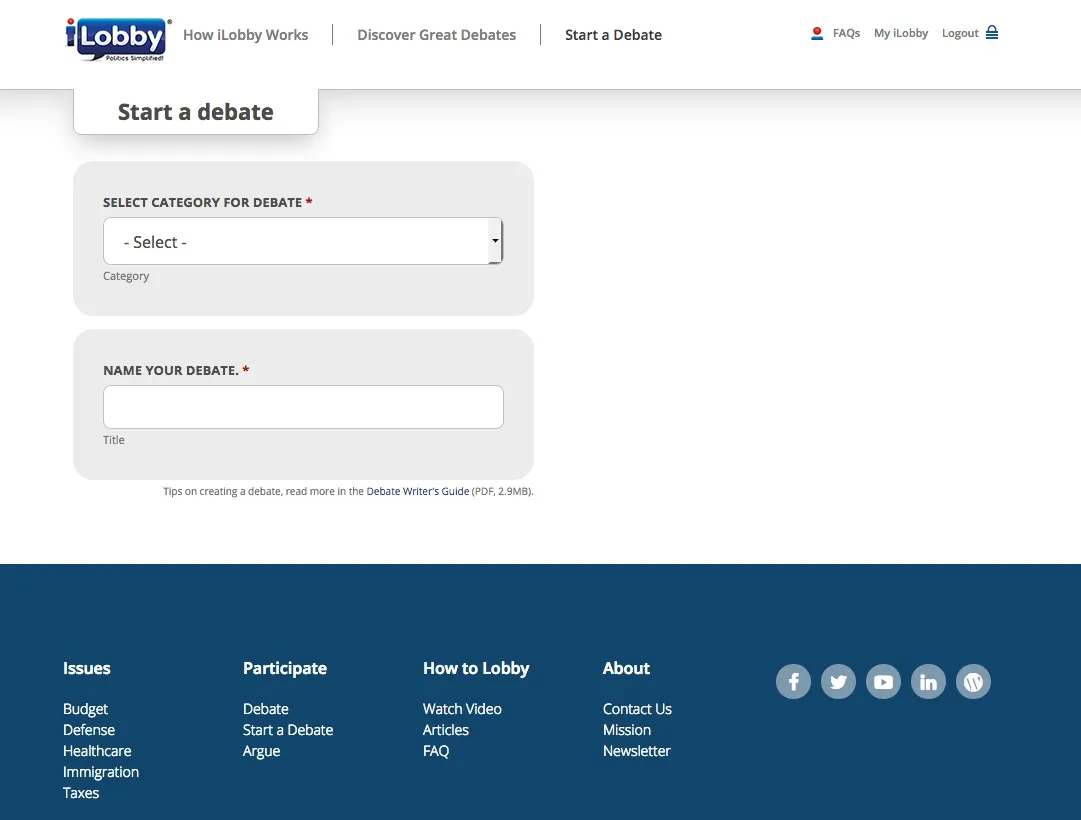 iLobby start a debate page