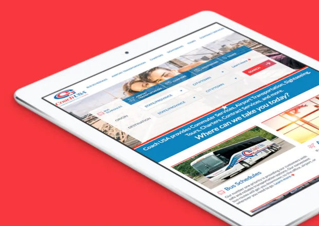 Responsive Tablet View of Coach USA's homepage for Redesign and Rebuild on Drupal 8