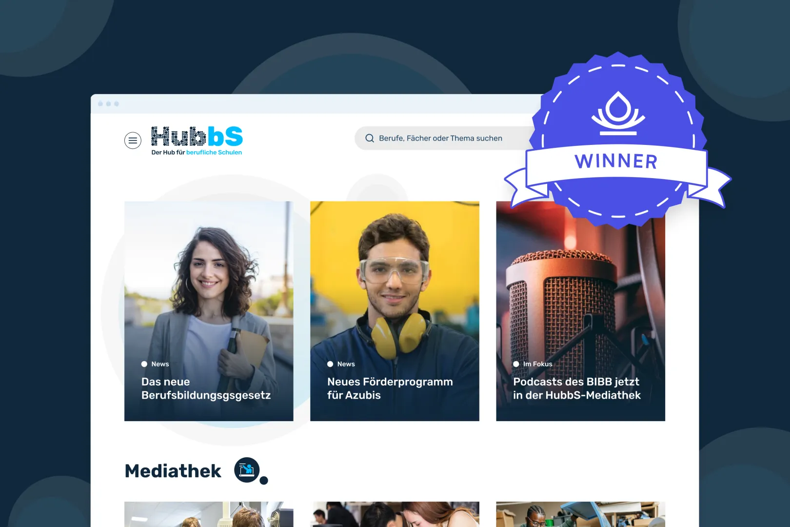Preview of the top area of the HubbS Homepage. Plus the visual info that the website won drupal award.