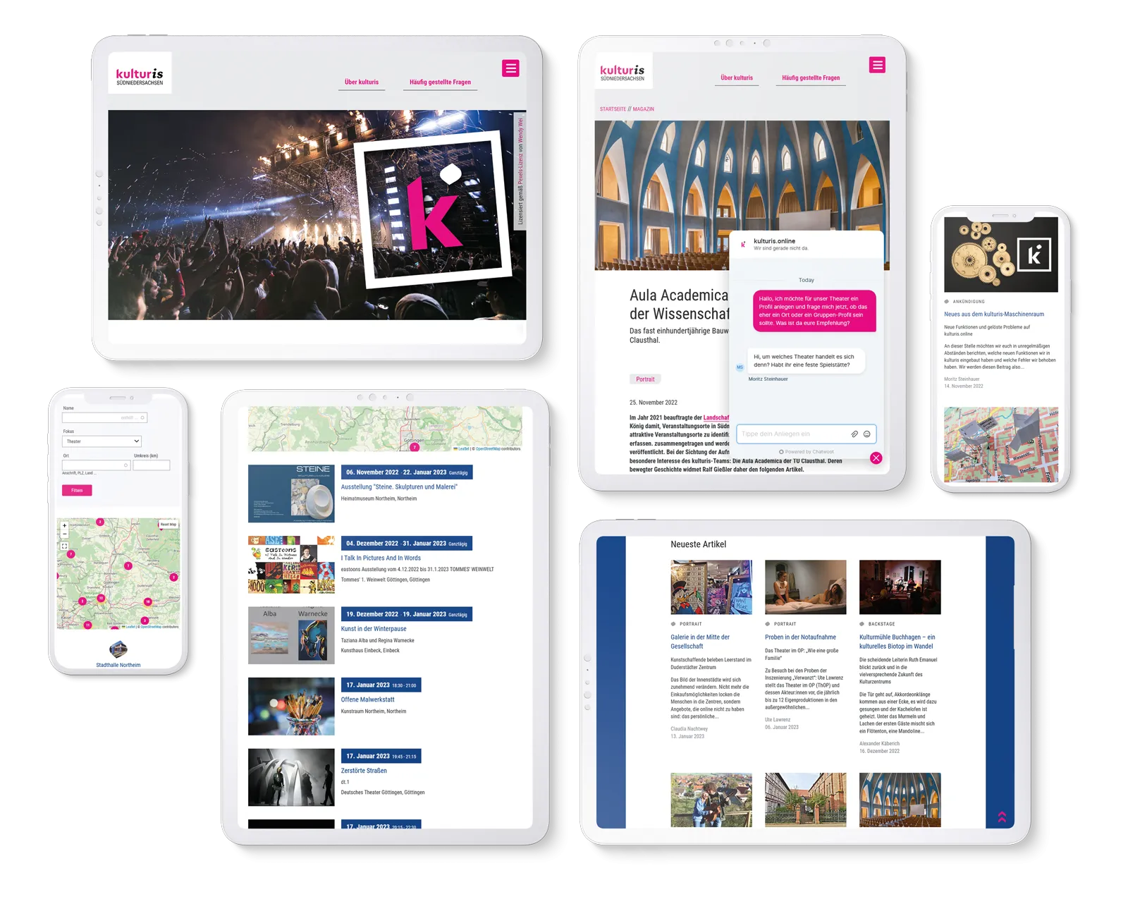 Several mobile devices showing pages like magazine articles, event calendar, locations map