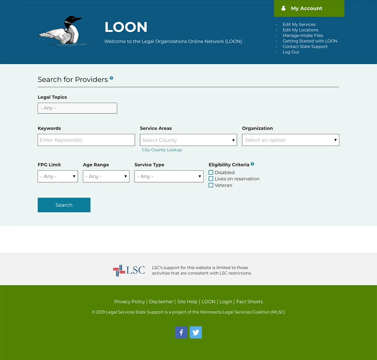 screenshot of the LOON tool with filters and search