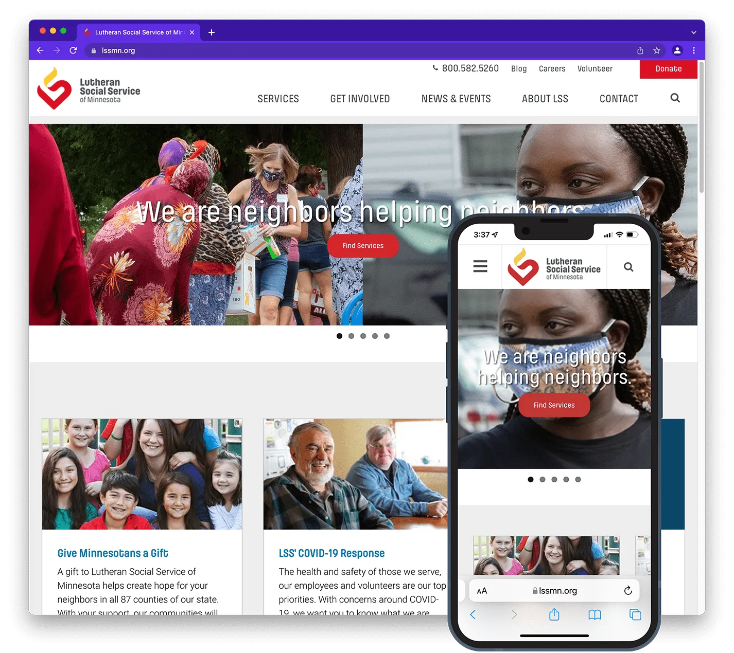 Image of a browser tab open to the web page lsmn.org, and then an iphone layered on top of the browser, showing the mobile version of the same page. 