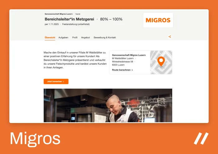 Screenshot of a Migros Luzern job posting for a "Bereichsleiter*in Metzgerei" (Department Manager in Butchery), 80%–100% workload, starting November 1, 2025. The page includes navigation tabs (Übersicht, Aufgaben, Profil, Angebot, Bewerbung & Kontakt). A short job description explains the role of managing and selling meat products while advising customers. 