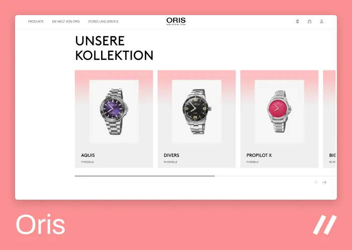 Screenshot of the Oris watch website displaying the "Unsere Kollektion" (Our Collection) section. Three watch models are shown: "Aquis" with a purple dial, "Divers" with a black dial, and "ProPilot X" with a pink dial. The page has a clean white background with a subtle pink gradient behind each watch. The navigation menu on top includes links to "Produkte", "Die Welt von Oris", and "Stores und Service".