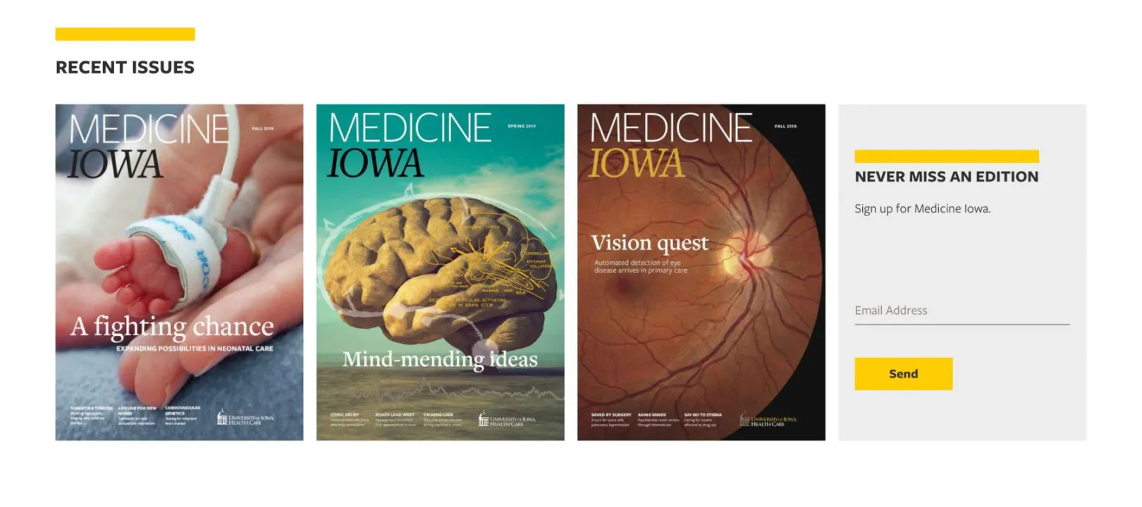 magazine covers from past issues, lined up in a row