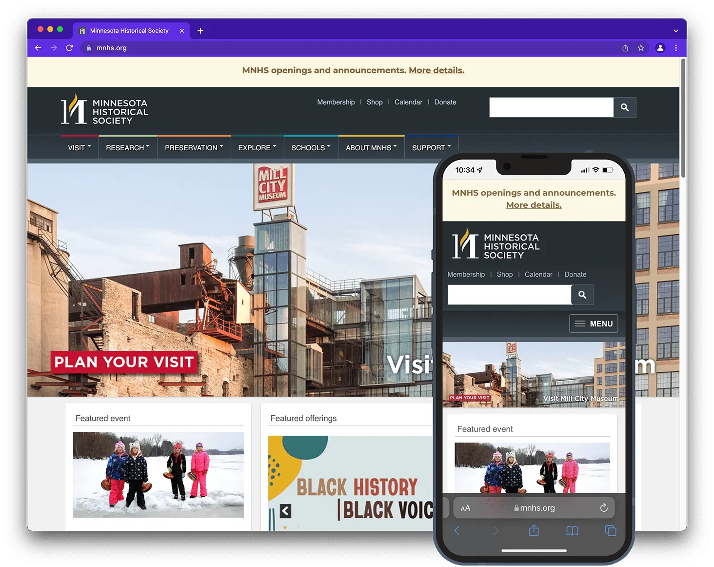 Image of a browser open to the website mnhs.org, and then an iphone layered on top of the browser, showing the same website, in mobile version. 