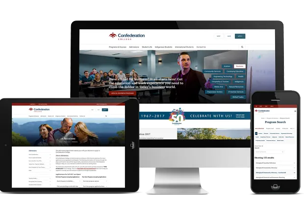 Confederation College Screen image of ipad mobile and desk view