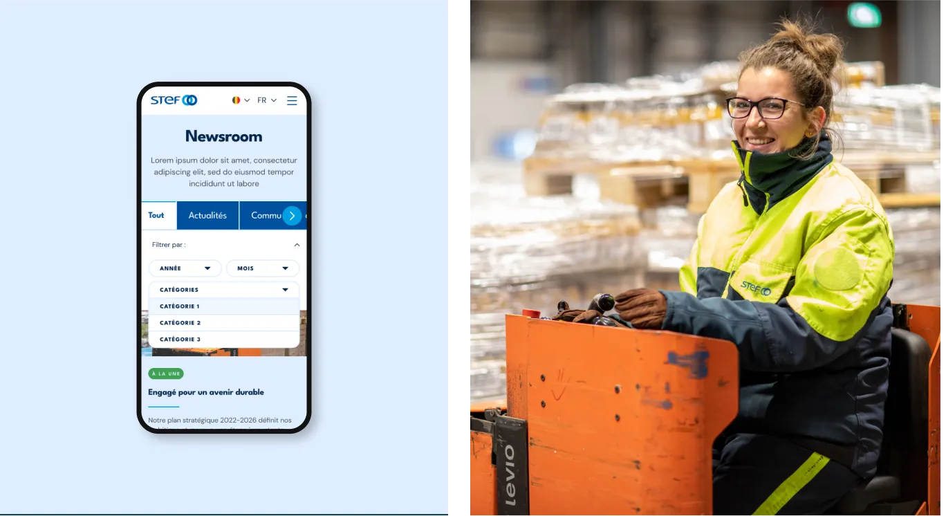 Image d'un mock-up mobile et image d'une salariée au travail