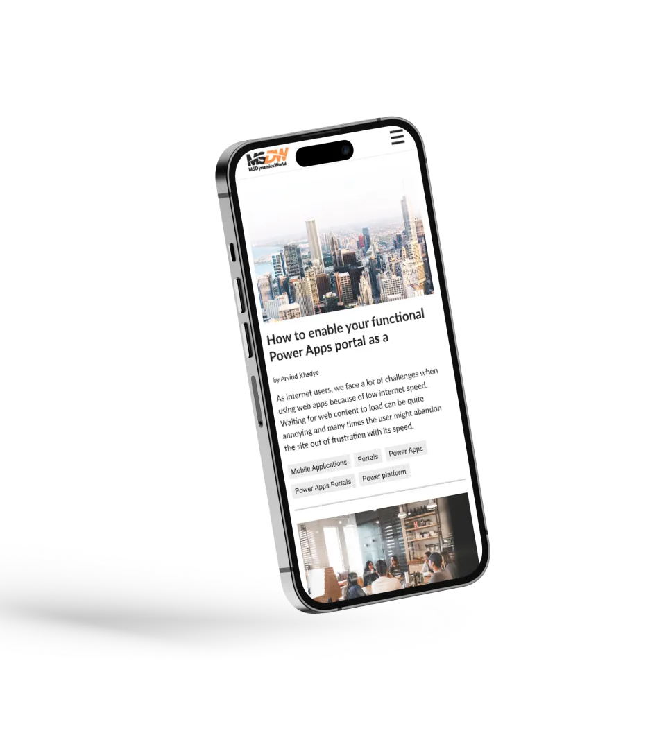 Image of mobile design on the MSDW website, emphasizing a news portal and the Droptica case study.