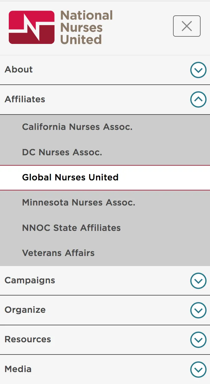 National Nurses United Mobile Sub Level Menu