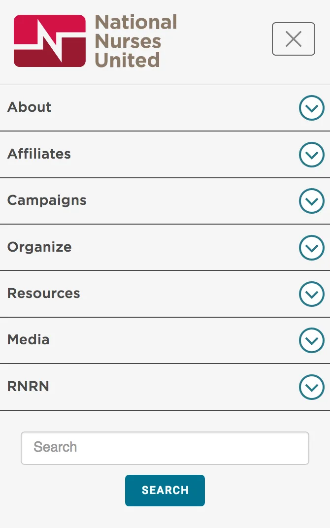 National Nurses United Mobile Top Level Menu