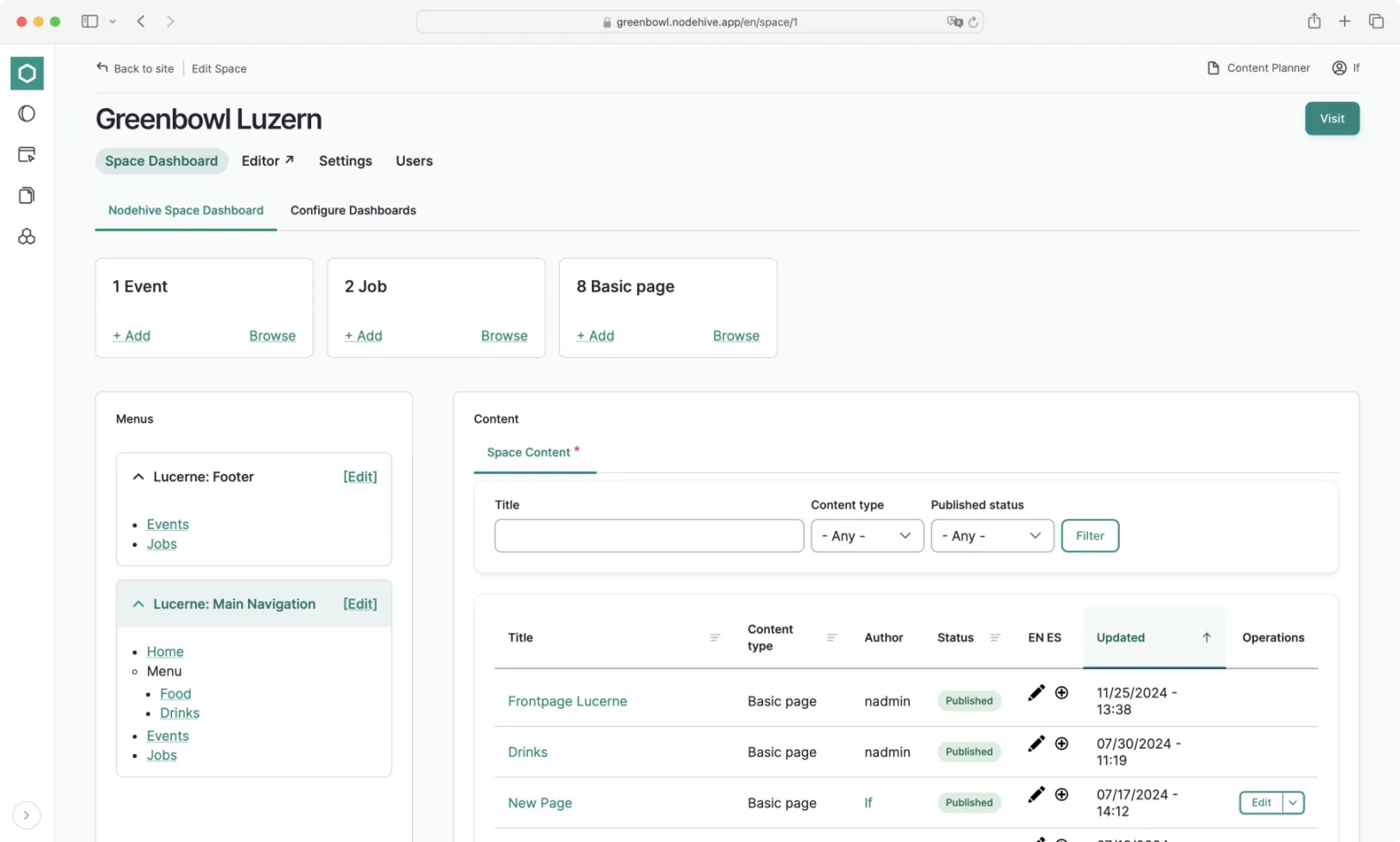 NodeHive Headless CMS Space overview