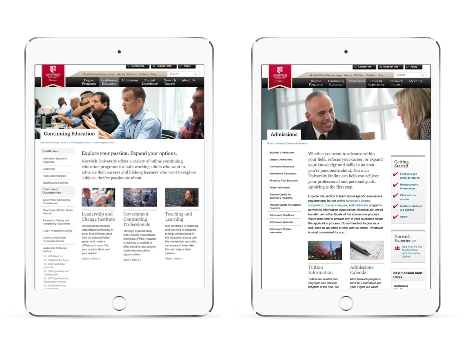 Screenshots from OHO Interactive's work on the Norwich University Online website