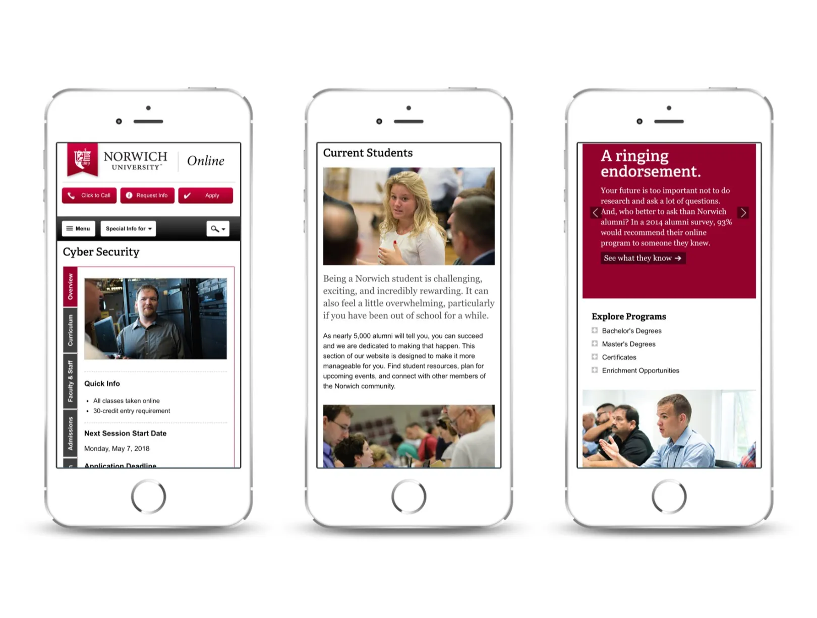 Screenshots from OHO Interactive's work on the Norwich University Online website