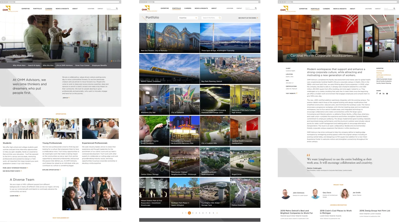 OHM About, Portfolio Landing and Project Detail pages
