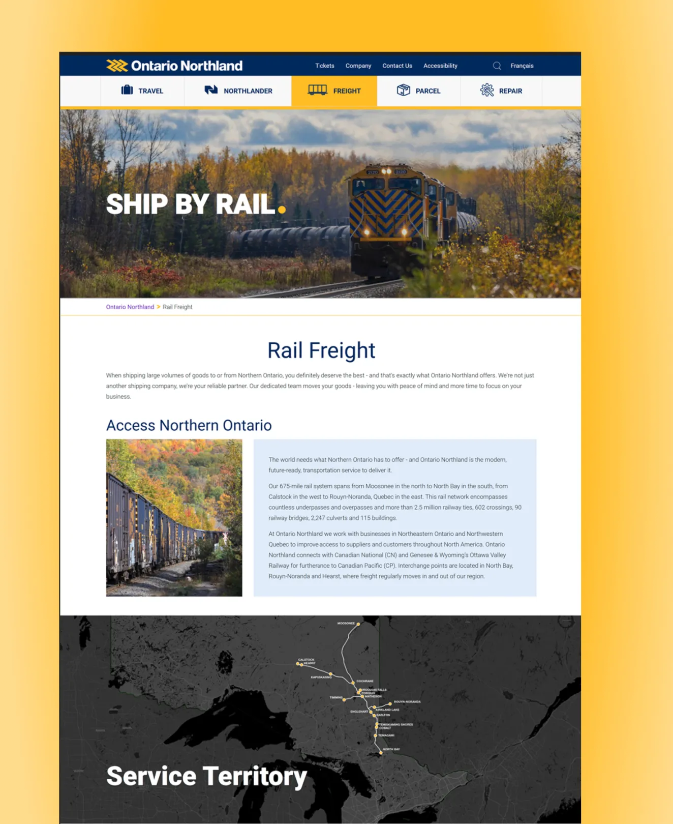 Screenshot of the Ontario Northland Rail Freight landing page