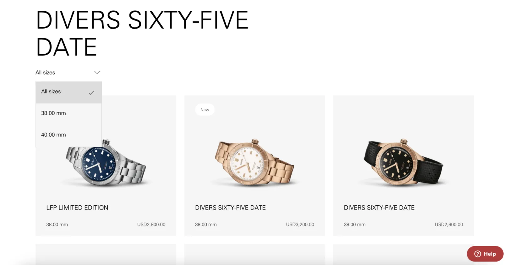 Watchslider with three different watches and a sizeselector dropdown