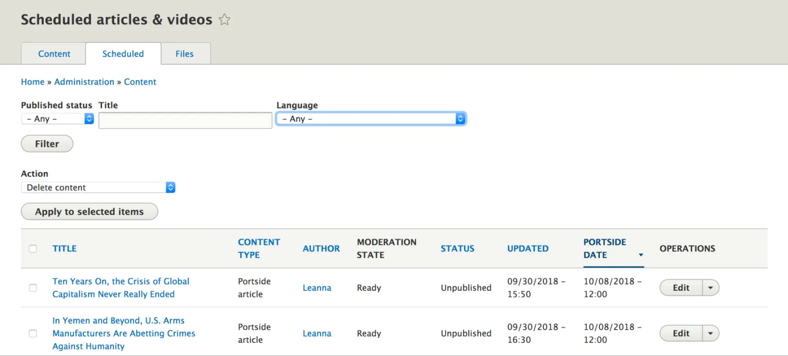Modified admin content page including moderation state and portside date (date the article is scheduled to be published)